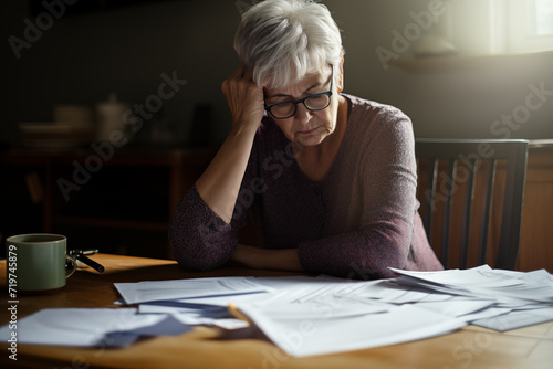 concerned senior citizen retired woman looking at bills and tax paperwork for financial difficulty concept