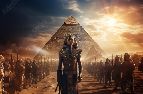 In mystical Egypt, a regal pharaoh stands against the backdrop of pyramids, commanding the majestic presence of the ancient Egyptian army.Generated image photo