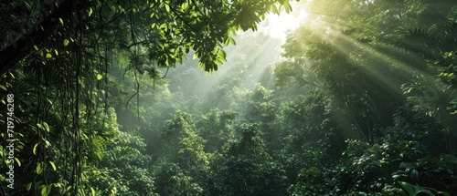 Dawn in the jungle. Tropical background. A beautiful path through the jungle. Mysterious impenetrable jungle overgrown with exotic plants. Jungle. Atmospheric forest. Tropical paradise. Generative AI