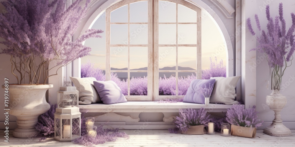  Provence-style interior, with lavender and antique composition by the window. - obrazy, fototapety, plakaty 