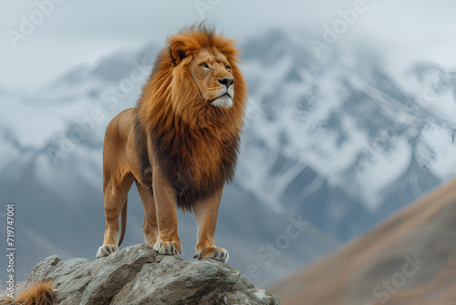 A proud lion standing on a rocky mountain peak  surrounded by dramatic landscapes. Created with generative AI.