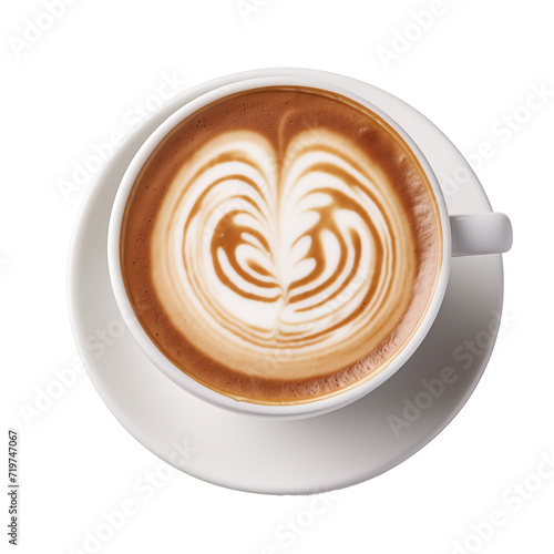 Top view a cup of coffee with latte art on white background