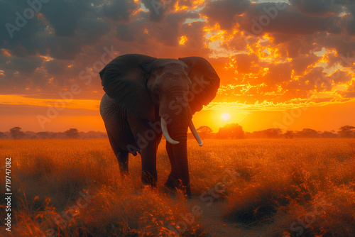 A solitary elephant walking through a vast and lush African savannah at sunset. Created with generative AI.