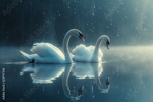 Regal white swans gracefully gliding across a still and reflective lake under a moonlit sky. Created with generative AI.