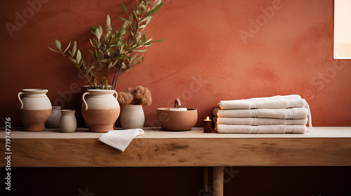 Warm spa ambiance featuring terracotta towels rolled and stacked on wooden ledge