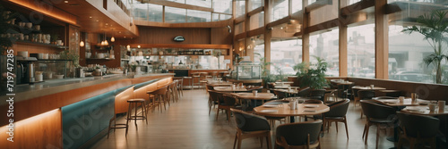 Interior de una moderna cafeter  a  amplia y luminosa  con grandes ventanales