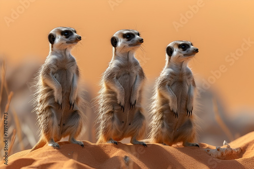 A curious family of meerkats standing in the African desert, alertly observing their surroundings. Created with generative AI. photo