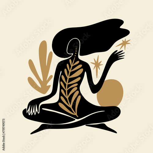 Sacred woman in Matisse style, meditating magic Reiki silhouette drawing, Bali moon wild young girl moon child.
