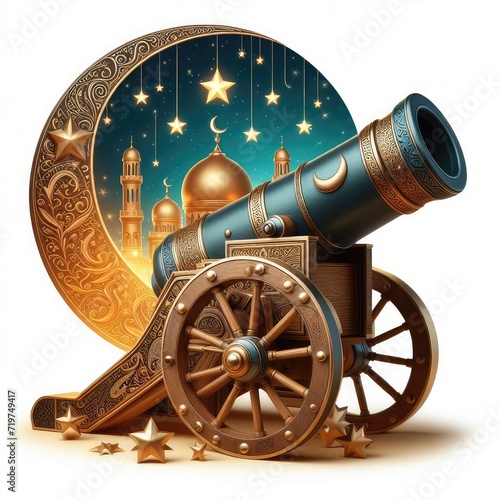 3d illustration of ramadan cannon isolated on white background photo
