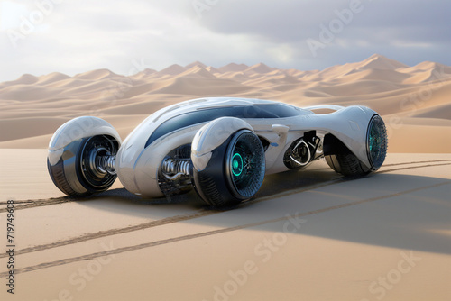 futuristic car in the desert, in the style of light silver and dark emerald, futuristic contraptions  photo