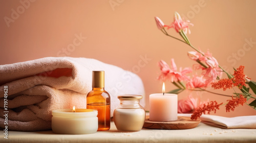 Spa-inspired Table: A table with candles, flowers, oil, towels and other items to create cozy spa atmosphere. Spa Essentials with Pink Accents. Pamper Yourself with these Spa Must-Haves