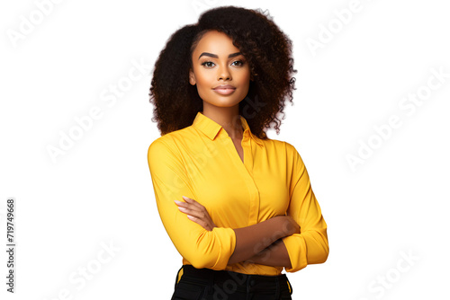Portrait of a business woman with afro hair, isolated on white background