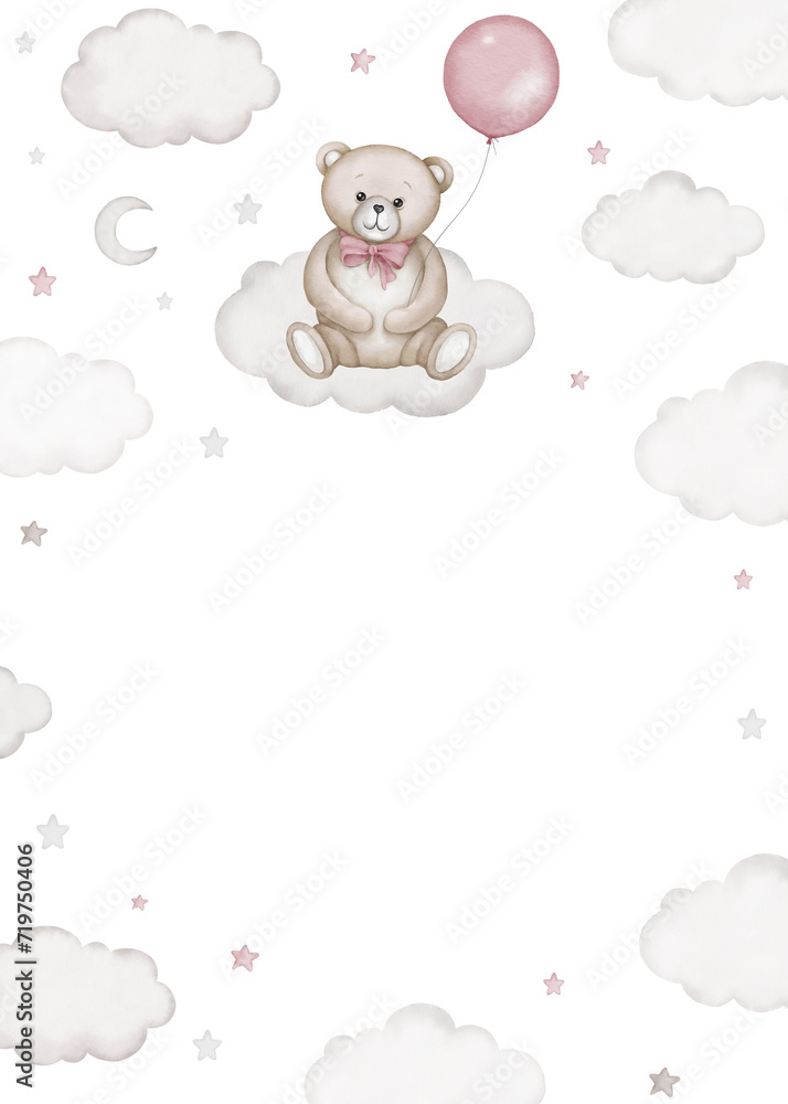 Сhildren's border frame illustration - teddy bear sits on a sky cloud ...