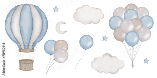 Foto Baby shower invitation elements - hot air balloon basket, air ballons, clouds, moon, stars