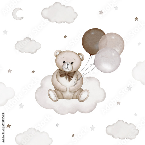 Cute teddy bear sits on white cloud with air balloons illustration. Watercolor hand drawn poster with white isolated background. Baby shower, birthday clipart.