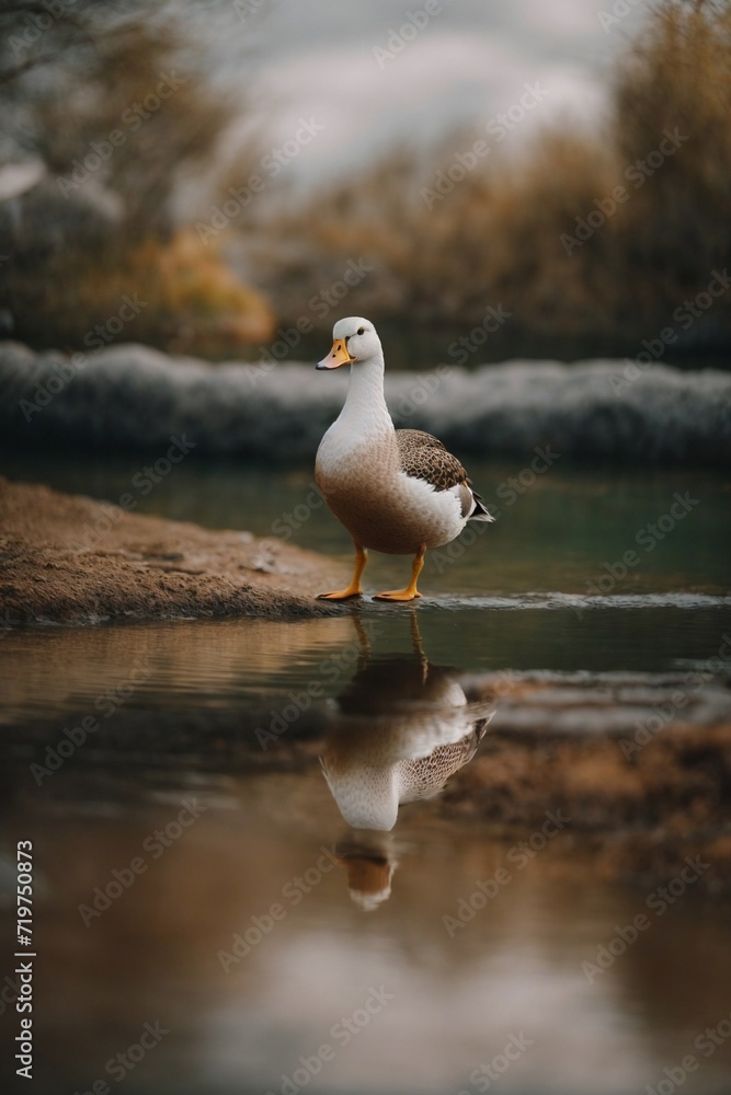 Obraz premium Duck Standing on the Edge of a Lake. Generative AI.