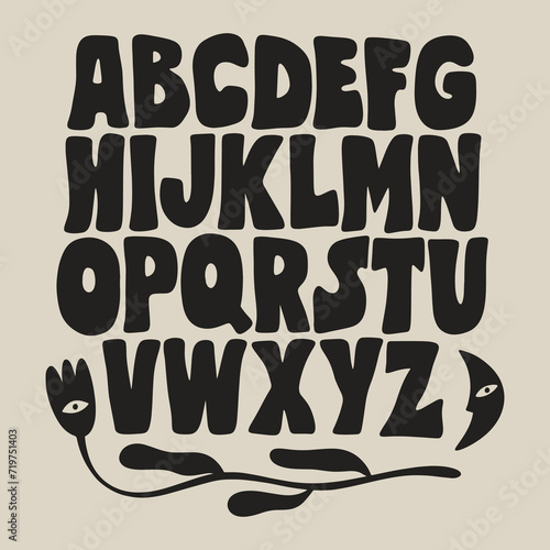 Hippie bohemian groovy postmodern funky font alphabet 1960s boho psychedelic. Perfect for posters, collages, clothing, music albums and more. Vector clipart illustrations, isolated letters monochrome
