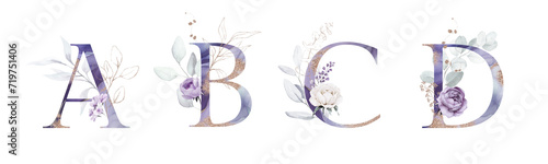 Violet Purple Gold Floral Alphabet Set Collection - letters A, B, C, D with purple flowers, green gold botanic branch bouquet composition. Wedding invitation, birthday, baby shower. Rose, peony.