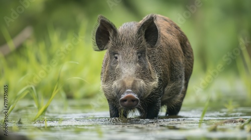 Wild boar in grass in water