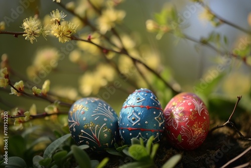 colorful easter eggs hiding in fresh green grass, Generative AI