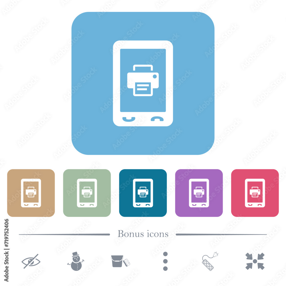 Mobile printing flat icons on color rounded square backgrounds Mobile printing flat icons on color rounded square backgrounds
