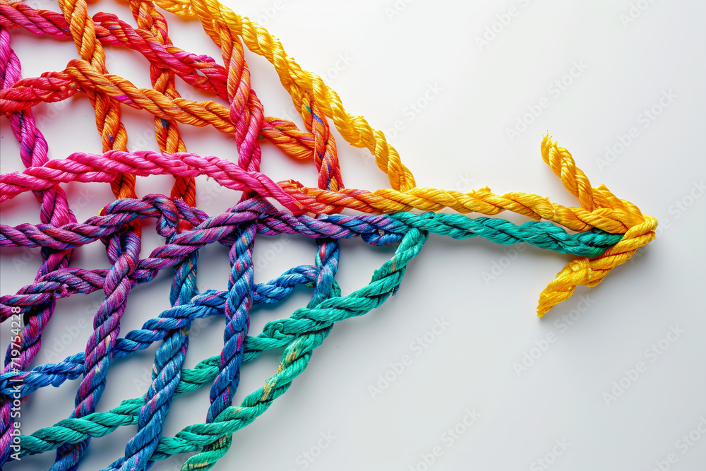 A group of colorful ropes coming together to form a direction arrow. Teamwork concept - obrazy, fototapety, plakaty 