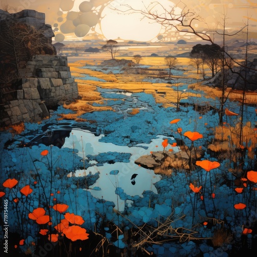 hand draw painting artwork graphic oil landscape indigo orange poster scenery sunset © Wiktoria