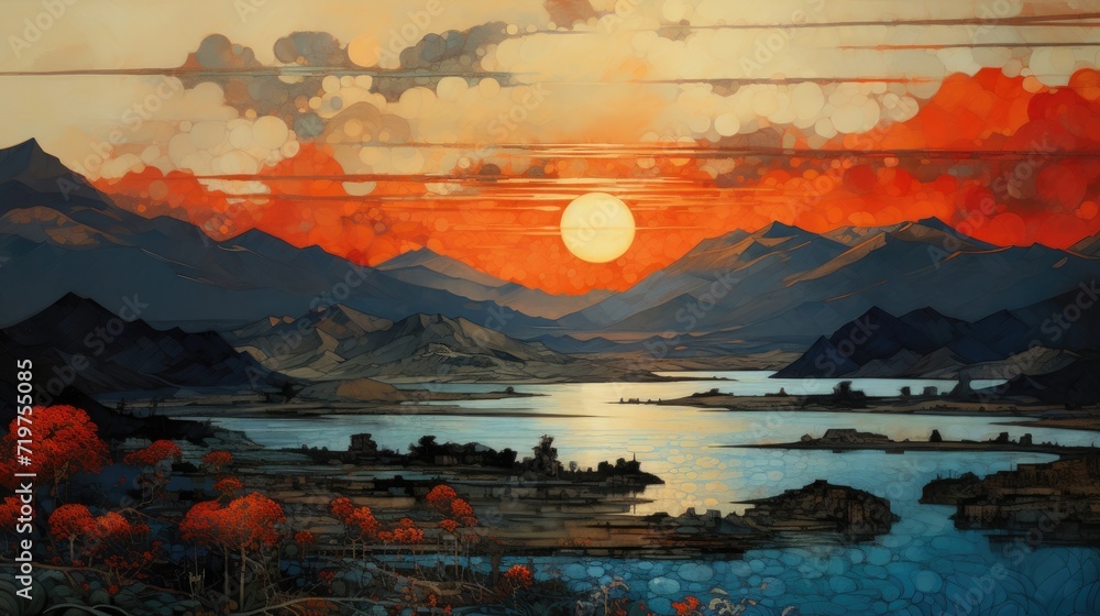 hand draw painting artwork graphic oil landscape indigo orange poster scenery sunset