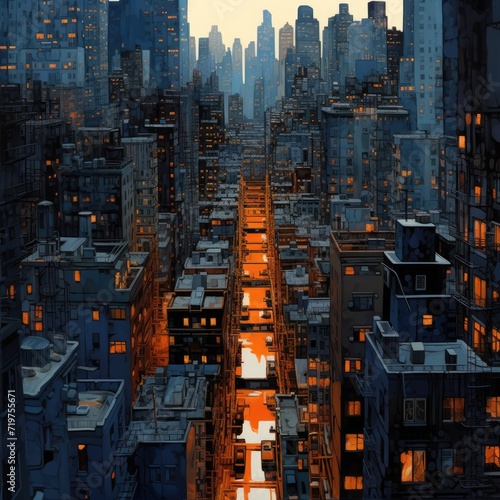new york hand draw painting artwork graphic oil landscape indigo orange poster scenery sunset