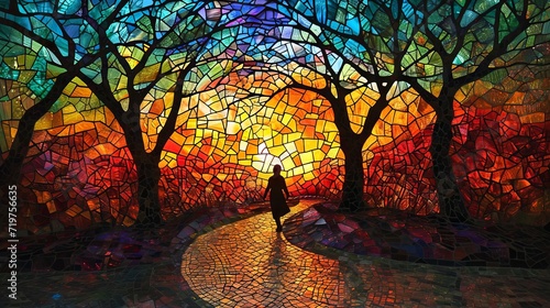 Stained glass garden wallpaper with bright colors There was a shadow of a person walking towards his destination.