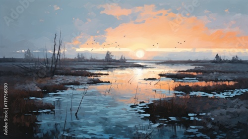 hand draw painting artwork graphic oil landscape indigo orange poster scenery sunset © Wiktoria