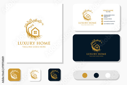 Tree with luxury home logo design and business card