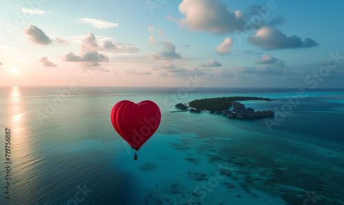 A red heart-shaped balloon flies over the paradise islands and sea photo