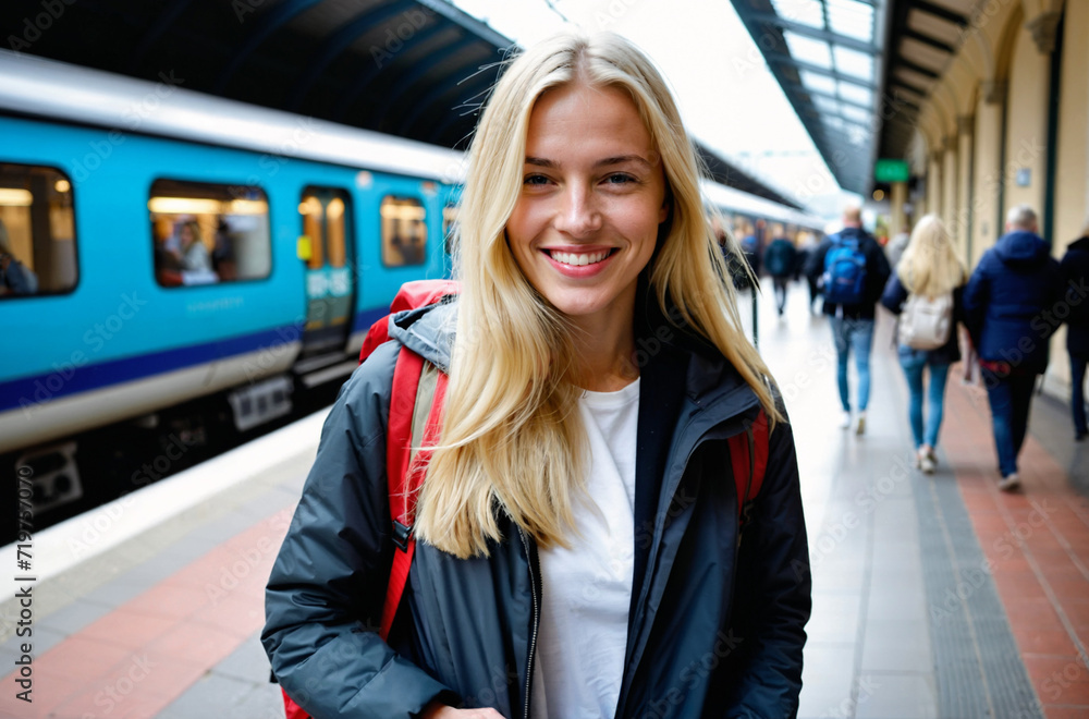 Blond woman with long hair in a train station