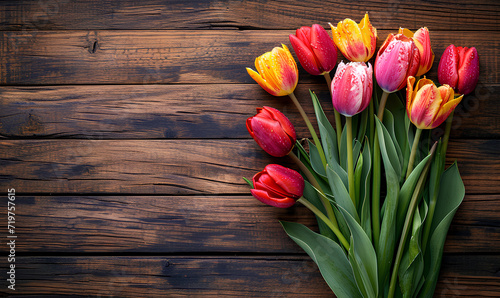 colorful tulips on wooden background © VictoriaEmerson