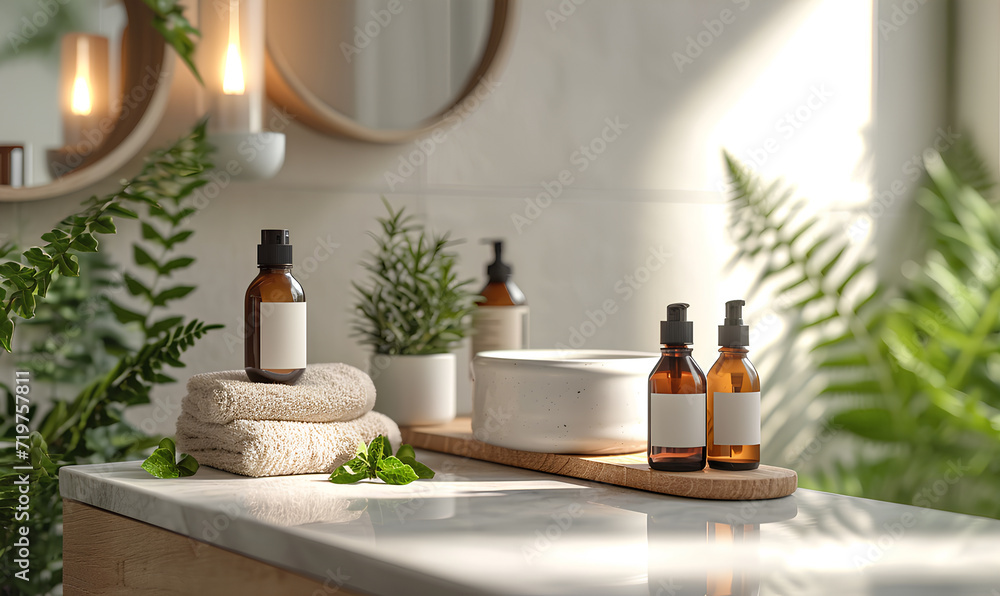 mockup of plastic packaging and bottles with natural organic cosmetics on the bathroom light background mockup of plastic packaging and bottles with natural organic cosmetics on the bathroom light background