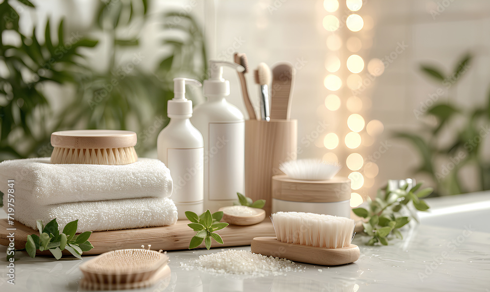 mockup of plastic packaging and bottles with natural organic cosmetics on the bathroom light background