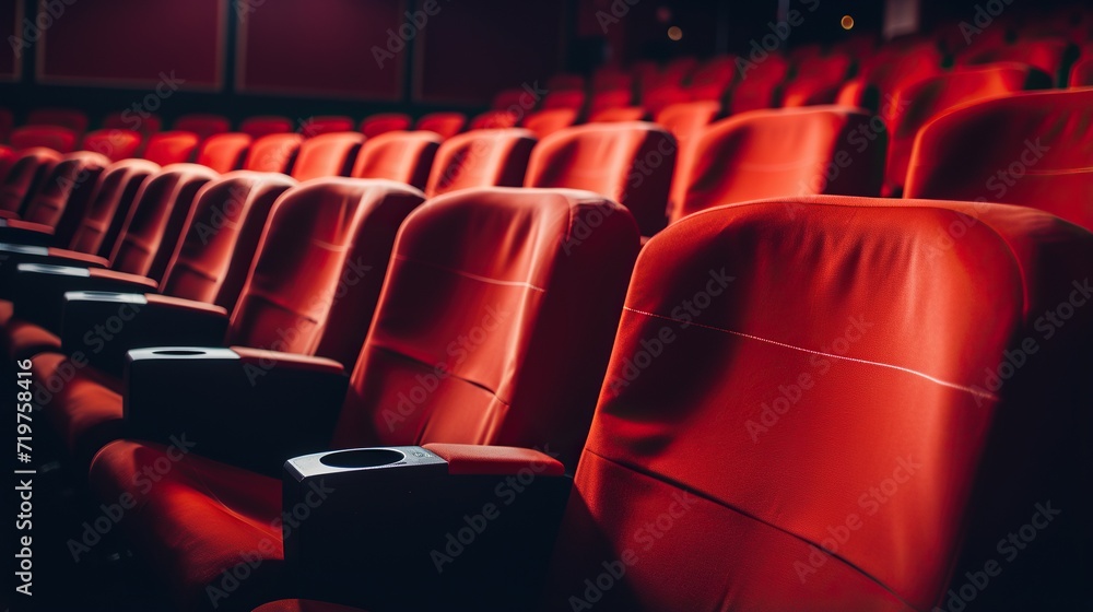 Obraz premium rows of red empty seats in a cinema hall. Modern cinema screen hall