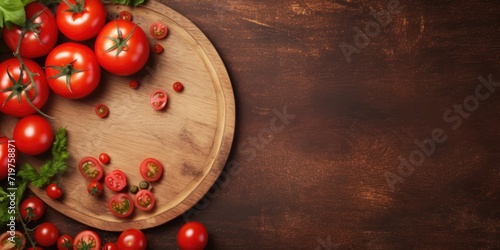 Advertising template with rustic wooden plate and tomatoes on vintage background for pizza cutting board.