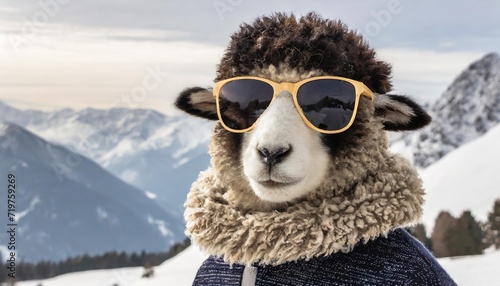 Sheep head wearing sunglasses on the human body of a man wearing winter Clothes on white background photo