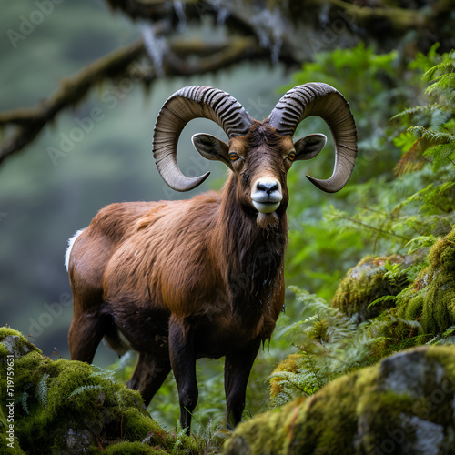 A striking close up Bighorn sheep stares intently, connecting with viewers Large mouflon in its natural habitat is the only representative of the genus of wild sheep.