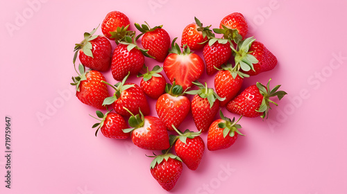 Valentine's day card or banner heart made of strawberries on a pink background with space for text