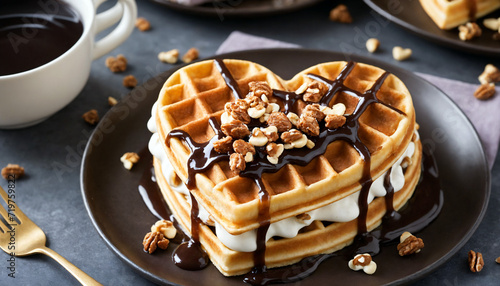 Heart-shaped Chocolate Waffles with Nuts © CreativeStock