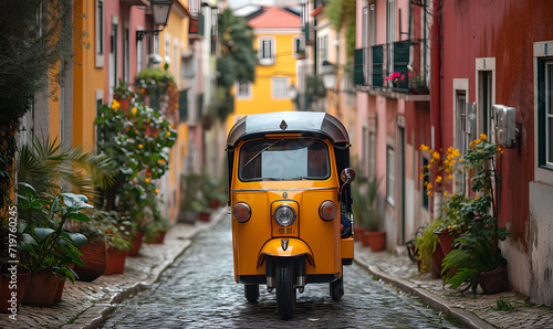 Yellow auto-rickshaw driving through a narrow street in portugal