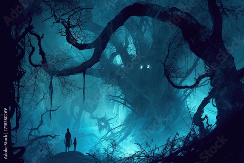 A haunted forest with eerie lighting and silhouettes of creepy creatures © PinkiePie
