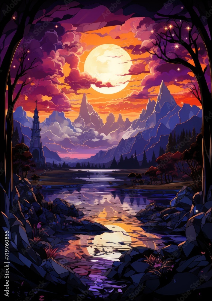 moon landscape dreamy fantasy mystery tarot illustration art tattoo poster card night