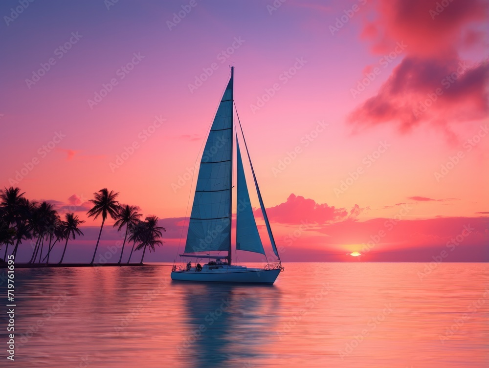 A sailboat in the ocean at sunset. Generative AI.
