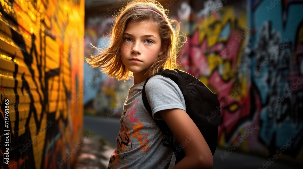 A young girl standing in front of graffiti covered wall. Generative AI.