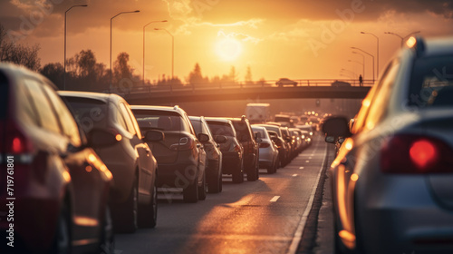 Traffic jam on the highway at sunset. Generative AI. photo