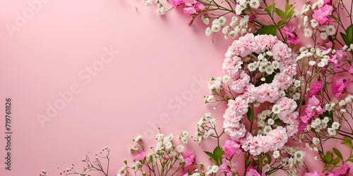 Flowers composition. Frame made of pink and white gypsophila flowers on pink background. Flat lay, top view, copy space. 8 is made up of pastel pink flowers. 8th Birthday Card Template for March 8th. 